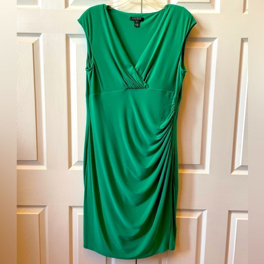 Lauren Ralph Lauren Emerald Ruched Faux Wrap Midi Dress EUC Size 18 - Picture 2 of 6